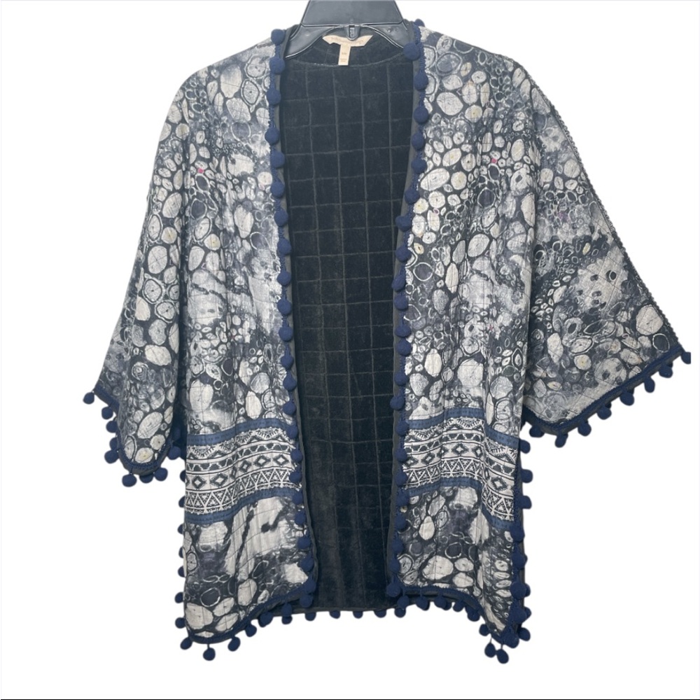 Soft Surroundings Women’s S/M Blue Pom-Pom Trim Kimono Jacket Open Front Lined